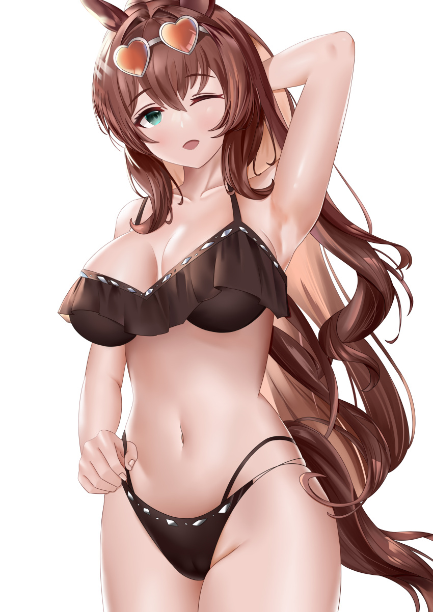 ;d absurdres animal_ears aqua_eyes arm_behind_head arm_up armpits bikini black_bikini blush breasts breasts_apart brown_hair cameltoe chinese_commentary cleavage collarbone commentary_request cowboy_shot eyewear_on_head female frilled_bikini frills groin hair_between_eyes hair_intakes halterneck heart heart-shaped_eyewear high_ponytail highleg highleg_bikini highres horse_ears horse_girl horse_tail io_(wadm5455) large_breasts light_blush long_hair looking_at_viewer maruzensky_(blasting_off_summer_night)_(umamusume) maruzensky_(umamusume) multi-strapped_bikini navel official_alternate_costume one_eye_closed open_mouth orange-tinted_eyewear partial_commentary ponytail sidelocks simple_background skindentation smile solo strap_pull sunglasses swimsuit tail tinted_eyewear umamusume very_long_hair wavy_hair white_background