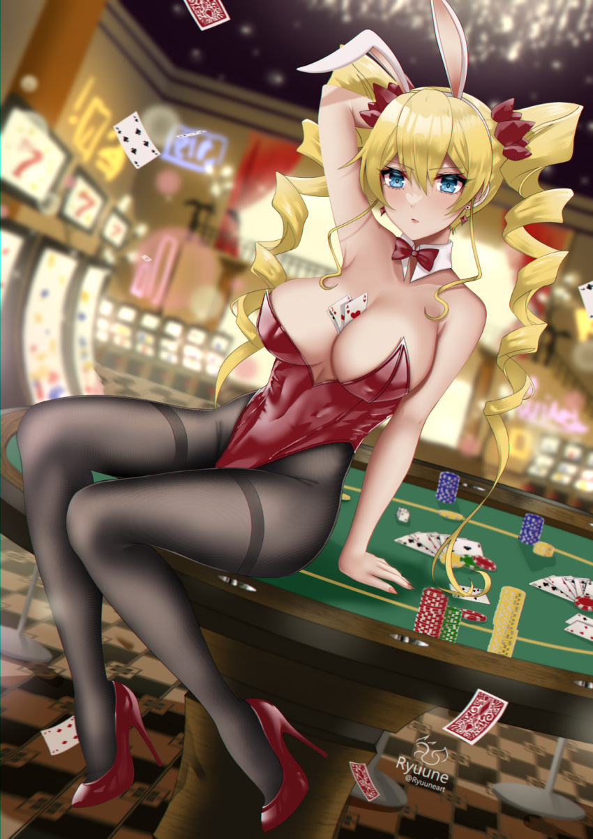 arm_behind_head artist_name bare_arms bare_shoulders between_breasts black_pantyhose blonde_hair blue_eyes blurry blurry_background bokeh bow bowtie breasts casino casino_card_table claire_harvey cleavage commission covered_nipples depth_of_field detached_collar earrings english_commentary eyelashes female food full_body hair_between_eyes hair_ornament hair_ribbon high_heels highleg highleg_leotard highres hundred_(light_novel) indoors jewelry large_breasts legs leotard long_hair pantyhose parted_lips playboy_bunny poker_chip red_bow red_bowtie red_footwear red_leotard red_nails ribbon ryuuneart shadow sitting slot_machine solo spread_legs stiletto_heels strapless strapless_leotard table thighs traditional_bowtie twintails