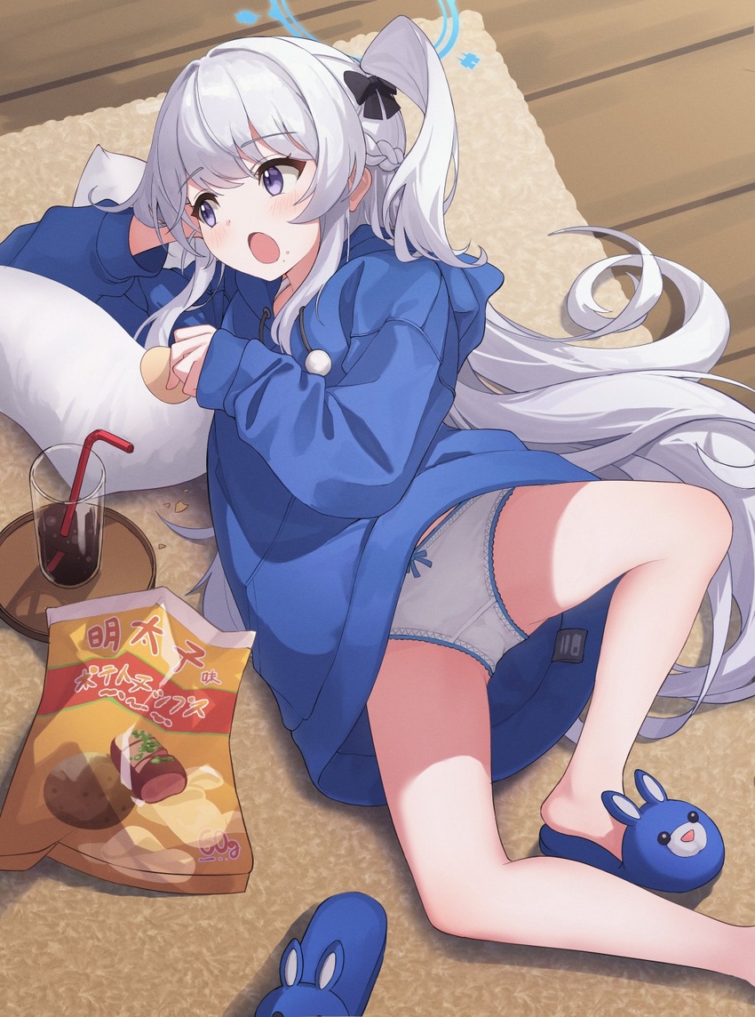 aged_down bag_of_chips blue_archive blue_halo blue_hoodie chips_(food) cloth_tab cola commentary cup drinking_glass drinking_straw female food halo highres holding holding_food hood hood_down hoodie indoors long_hair long_sleeves lying miyako_(blue_archive) miyako_(young)_(blue_archive) official_alternate_costume on_side one_side_up open_mouth panties pillow potato_chips purple_eyes ripnte solo underwear white_hair white_panties