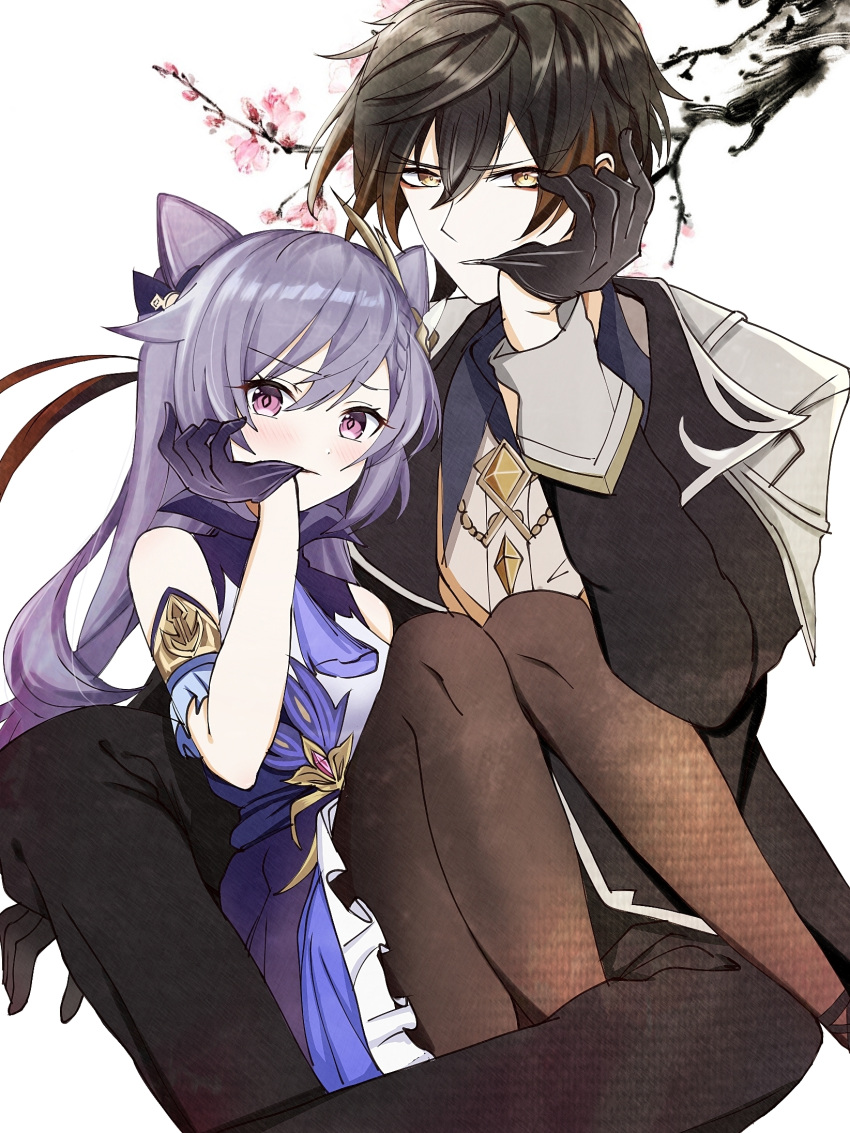 1boy bad_id bad_pixiv_id bare_shoulders biting black_gloves black_hair braid branch breasts brown_hair collared_shirt cone_hair_bun detached_sleeves diamond-shaped_pupils diamond_(shape) double_bun dress earrings eyeliner eyeshadow feet_out_of_frame female flower formal gangshangguang_(smjy5842) genshin_impact glove_biting gloves gradient_hair hair_between_eyes hair_bun hair_ears highres jacket jewelry keqing_(genshin_impact) long_hair long_sleeves looking_at_viewer makeup medium_breasts multicolored_hair neck_tassel necktie pants pantyhose purple_dress purple_eyes purple_gloves purple_hair red_eyeshadow shirt sidelocks sitting suit symbol-shaped_pupils twintails vest white_background white_necktie yellow_eyes zhongli_(genshin_impact)