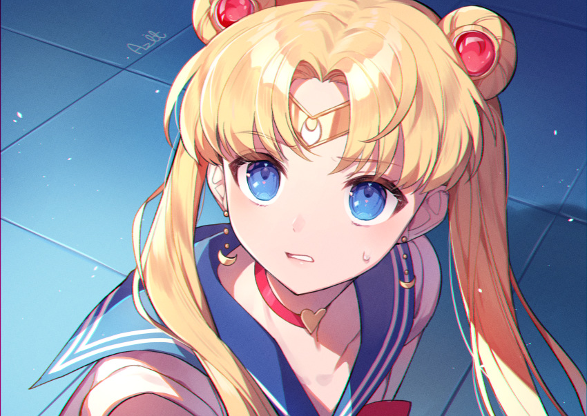 artist_name azit_(down) bishoujo_senshi_sailor_moon bishoujo_senshi_sailor_moon_s blonde_hair blue_eyes blue_sailor_collar breasts choker cleavage collarbone commentary_request crescent crescent_earrings derivative_work diadem double_bun earrings female hair_bun hair_over_shoulder heart heart_choker highres jewelry long_hair magical_girl meme red_choker sailor_collar sailor_moon sailor_moon_redraw_challenge_(meme) sailor_senshi_uniform screenshot_redraw solo tsukino_usagi twintails upper_body