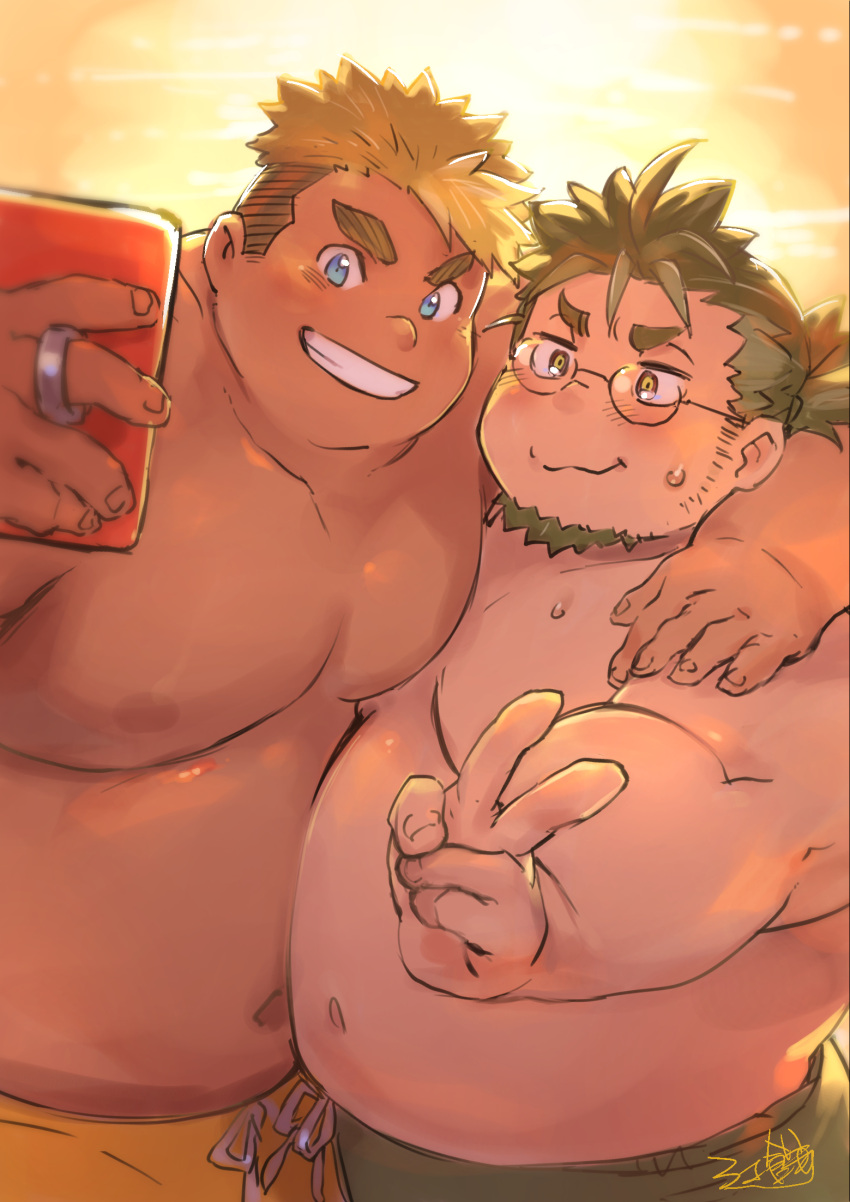 2boys :s arm_around_shoulder bara belly belly-to-belly blonde_hair blue_eyes blush commentary_request daihukudokoro dark-skinned_male dark_skin facial_hair fat fat_man flustered goatee green_hair green_shorts grin highres holding holding_phone jewelry live_a_hero long_hair long_sideburns male_focus mature_male multiple_boys navel nipples pectoral_docking pectoral_press pectorals phone plump ponytail ring round_eyewear selfie semi-rimless_eyewear short_hair shorts sideburns signature smile stomach subaru_(live_a_hero) sunset sweatdrop thick_eyebrows topless_male upper_body v v-shaped_eyebrows yasuhiko_(live_a_hero) yellow_eyes yellow_shorts