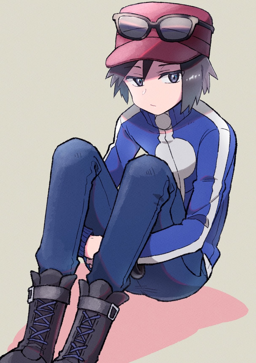 1boy black-framed_eyewear black_footwear blue_jacket blue_pants boots calem_(pokemon) closed_mouth commentary_request grey_eyes hat highres jacket long_sleeves male_focus mikanbako_(aitatadon3) pants pokemon pokemon_xy red_hat short_hair sitting solo sunglasses