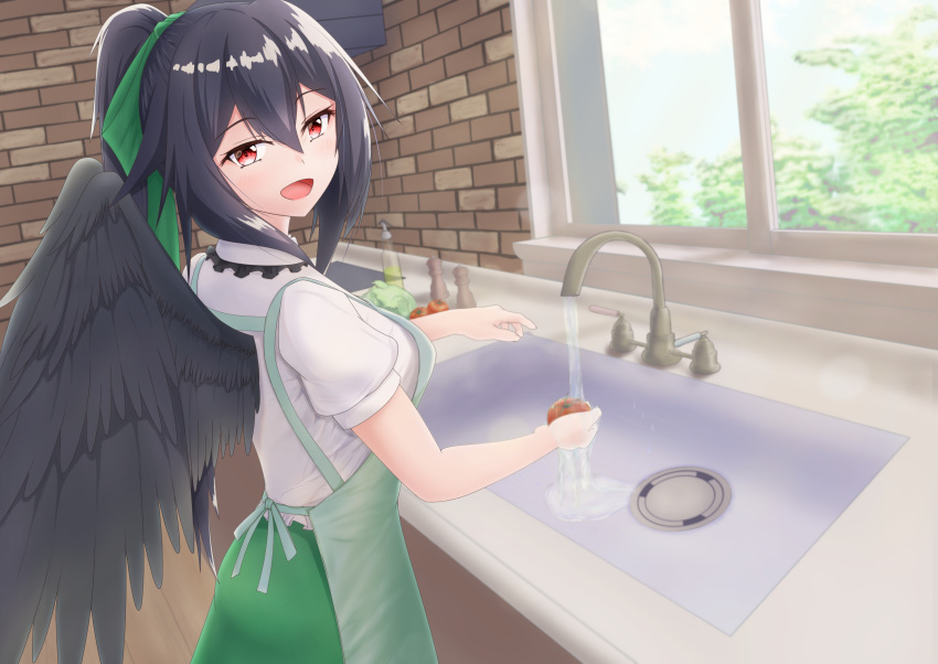 absurdres apron black_hair black_wings bow commentary_request cooking_oil day drain_(object) faucet feathered_wings female food frills from_behind green_apron green_bow green_skirt hairbow high_ponytail highres holding holding_food indoors kitchen lettuce long_hair looking_at_viewer looking_back o1118 open_mouth partial_commentary pepper_shaker ponytail puffy_short_sleeves puffy_sleeves red_eyes reiuji_utsuho ribbon salt_shaker shirt short_sleeves skirt smile solo tomato touhou upper_body water white_shirt window wings