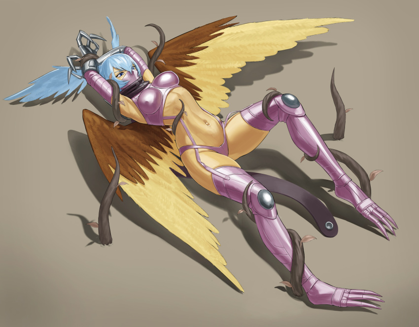 absurdres armpits arms_up bikini black_scarf blue_eyes blue_hair bound bound_wrists breasts claws commentary_request commission covered_nipples digimon digimon_(creature) feathered_wings female full_body garter_straps gauntlets gloves hair_between_eyes hair_wings highres kazukida leaf long_hair mask md5_mismatch medium_breasts mouth_mask navel pixiv_commission plant purple_bikini purple_footwear purple_gloves restrained ryona scarf shadow shoulder_pads shutumon sidelocks simple_background skindentation solo stomach swimsuit thigh_gap vine_bondage vines wings