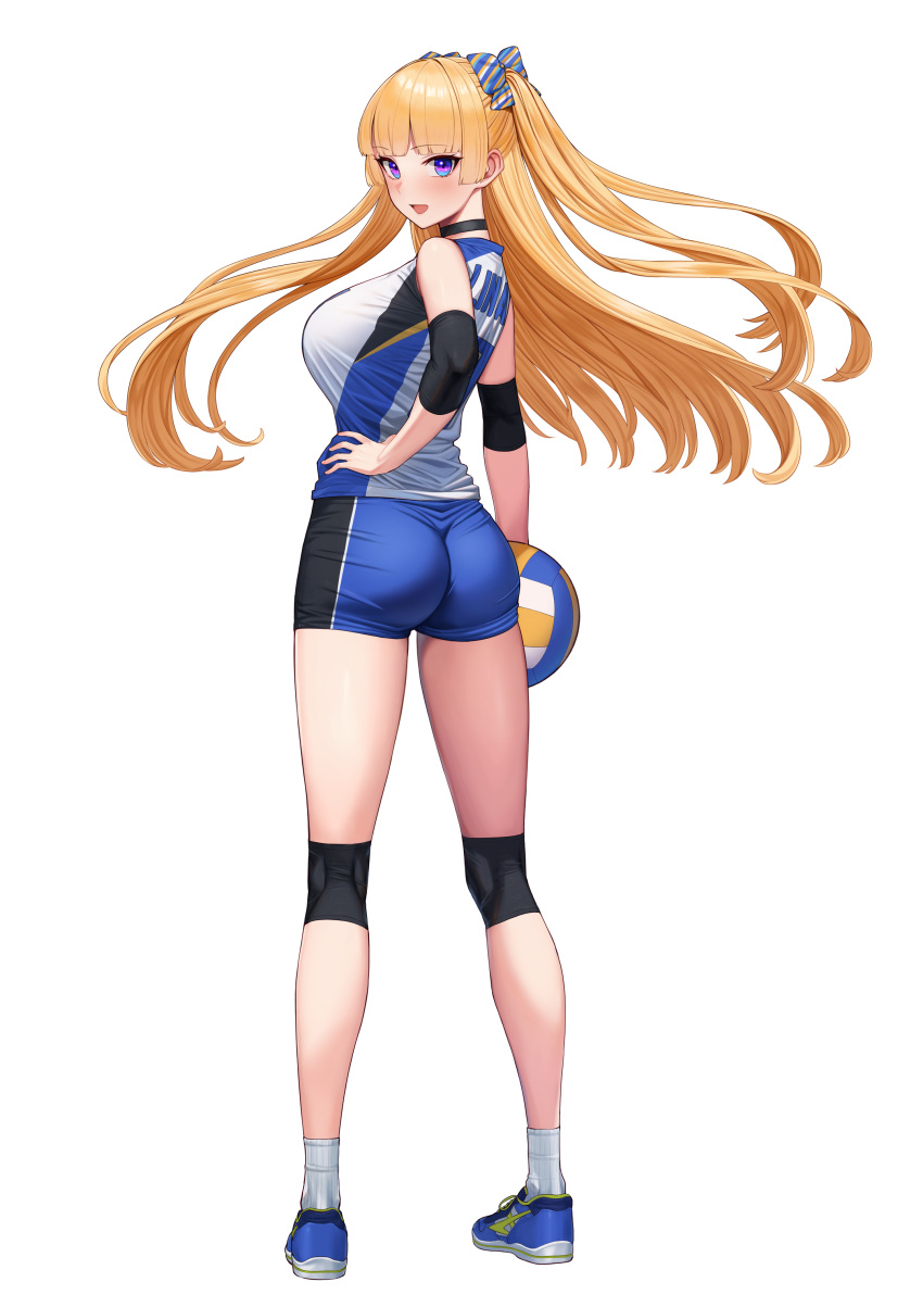 :d absurdres arm_at_side ass ball black_choker blonde_hair blue_eyes blue_footwear blue_shorts blush bow breasts choker commentary_request elbow_pads female floating_hair full_body hairbow hand_on_own_hip highres holding holding_ball invisible_floor knee_pads large_breasts legs lina_(michihasu) long_hair looking_at_viewer looking_back michihasu multicolored_bow open_mouth original shirt shoes short_shorts shorts sidelocks simple_background sleeveless sleeveless_shirt smile sneakers socks solo sportswear standing striped striped_bow tachi-e two-tone_shorts two_side_up volleyball volleyball_(object) volleyball_uniform white_background white_socks