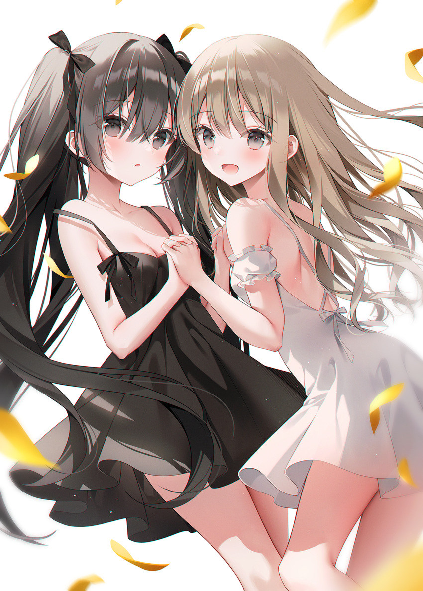 2girls backless_dress backless_outfit bad_id bad_pixiv_id bare_shoulders black_dress black_eyes black_hair black_ribbon breasts brown_eyes brown_hair cleavage collarbone commentary cowboy_shot dress falling_leaves floating_hair hair_between_eyes hair_ribbon highres holding_hands leaf long_hair looking_at_viewer medium_hair multiple_girls off_shoulder open_mouth original parted_lips ribbon sidelocks simple_background sleeveless smile symbol-only_commentary thighs twintails weri white_background white_dress yellow_leaves