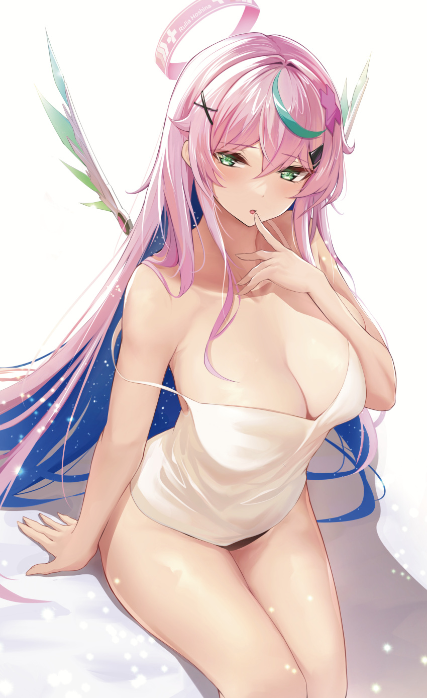 absurdres bare_arms bare_shoulders blue_hair blush breasts camisole cleavage collarbone colored_inner_hair cross_hair_ornament female finger_to_mouth green_eyes green_hair hair_between_eyes hair_ornament halo hand_up highres hoshina_rulia indie_virtual_youtuber large_breasts long_hair looking_at_viewer mechanical_wings multicolored_hair parted_lips pink_hair rikiddo_(tise_00) shirt sitting solo strap_slip thighs very_long_hair virtual_youtuber white_shirt wings x_hair_ornament