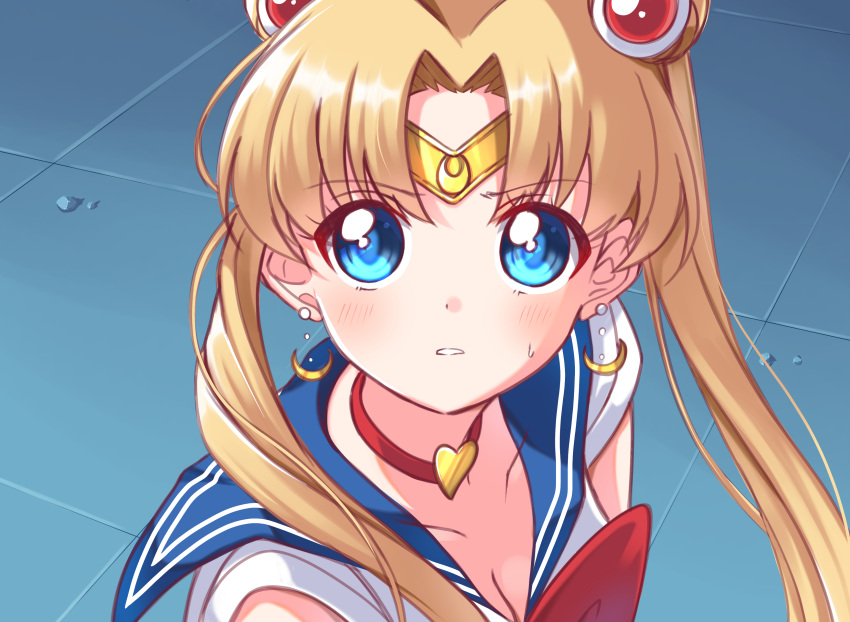 absurdres bishoujo_senshi_sailor_moon bishoujo_senshi_sailor_moon_s blonde_hair blue_eyes blue_sailor_collar blush breasts choker cleavage collarbone commentary_request crescent crescent_earrings derivative_work diadem double_bun earrings female hair_bun hair_over_shoulder heart heart_choker highres jewelry long_hair looking_at_viewer magical_girl meme red_choker sailor_collar sailor_moon sailor_moon_redraw_challenge_(meme) sailor_senshi_uniform screenshot_redraw solo sweatdrop tsukino_usagi twintails upper_body usagi_koushaku