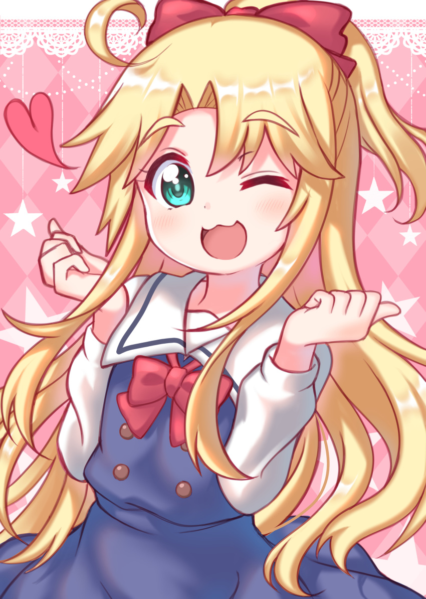 :3 ;d absurdres ahoge blonde_hair blush bow commentary_request female green_eyes hairbow hands_up highres himesaka_noa long_hair long_sleeves looking_at_viewer md5_mismatch one_eye_closed open_mouth pink_background red_bow resolution_mismatch sailor_collar school_uniform smile solo source_smaller star_(symbol) starry_background usagi_koushaku watashi_ni_tenshi_ga_maiorita! white_sailor_collar