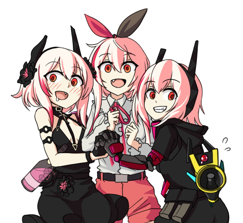 3girls alternate_costume banana_(girls'_frontline) belt black_dress black_jacket blush bottle cerberus_(helltaker) commentary_request dress flower girls'_frontline hair_between_eyes hair_flower hair_ornament headgear helltaker highres holding_hands hood hooded_jacket interlocked_fingers jacket long_hair long_sleeves looking_at_viewer m4_sopmod_ii_(devourer_of_the_feast)_(girls'_frontline) m4_sopmod_ii_(girls'_frontline) m4_sopmod_ii_(mod3)_(girls'_frontline) m4_sopmod_ii_(the_guarded_beloved)_(girls'_frontline) mechanical_arms megaphone multiple_girls multiple_persona non-humanoid_robot oerba_yun_fang official_alternate_costume open_mouth parody pink_hair red_eyes robot sate simple_background single_mechanical_arm sleeveless sleeveless_dress white_background