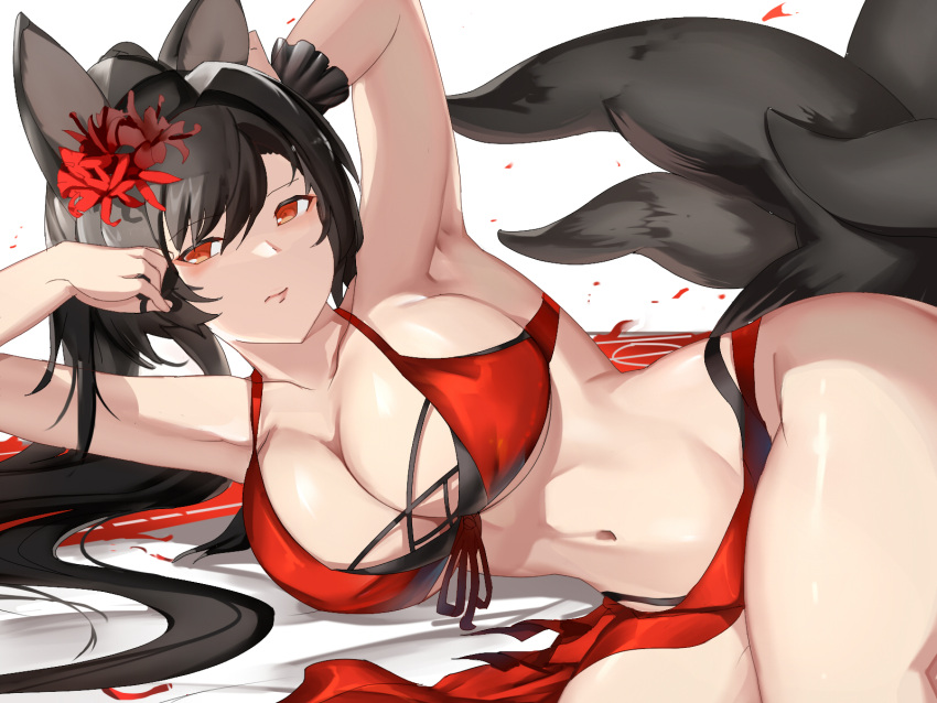 akagi_(azur_lane) akagi_(paradise_amaryllis)_(azur_lane) animal_ears arm_behind_head armpits azur_lane bikini black_hair black_tail breasts female flower fox_ears fox_tail hair_flower hair_ornament highres huge_breasts kitsune kyuubi long_hair looking_at_viewer lying multiple_tails official_alternate_costume on_side penggan presenting_armpit red_bikini red_eyes red_flower red_sarong sarong scrunchie solo spider_lily swimsuit tail thighs wrist_scrunchie