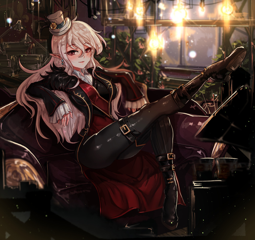 bad_id bad_pixiv_id black_coat black_footwear black_pants blush closed_mouth coat collared_shirt commentary commission couch dress_shirt earrings english_commentary female flower full_body gmg hair_between_eyes hat hat_flower highres jewelry long_hair long_sleeves looking_at_viewer mini_hat open_clothes open_coat original pants pointy_ears red_eyes rose shiny_clothes shirt sleeves_past_wrists smile solo very_long_hair white_hair white_shirt wing_collar yellow_flower