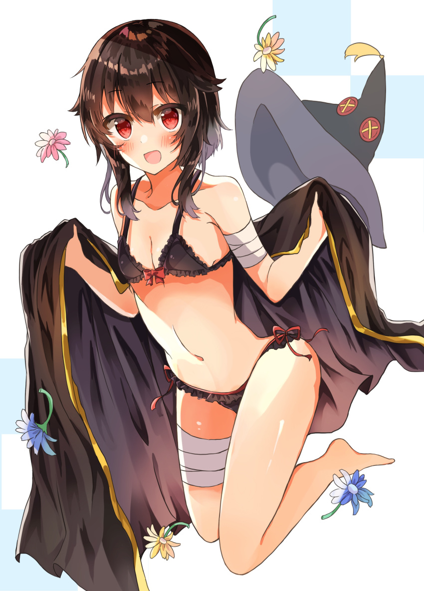 absurdres bandaged_leg bandages bare_shoulders blush breasts brown_hair cape female hat highres kono_subarashii_sekai_ni_shukufuku_wo! looking_at_viewer megumin navel open_mouth red_eyes short_hair short_hair_with_long_locks small_breasts solo witch_hat yuno_(suke_yuno)