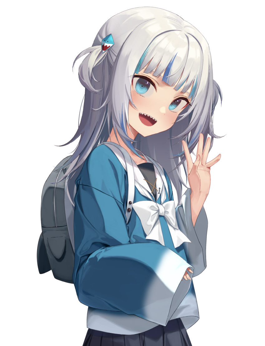 :d adapted_costume backpack bad_id bad_twitter_id bag black_skirt blue_eyes blue_hair bow bowtie female gawr_gura grey_hair hair_ornament hand_up highres hololive hololive_english long_sleeves looking_at_viewer multicolored_hair open_mouth school_uniform sharp_teeth short_hair simple_background skirt sleeves_past_wrists smile solo soya_(torga) teeth two-tone_hair two_side_up virtual_youtuber white_background white_bow white_bowtie