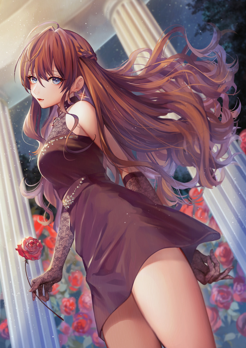 ahoge arm_behind_back bare_shoulders black_dress blue_eyes braid breasts brown_hair bush collared_dress crazy_crazy_(idolmaster) dress earrings eyelashes eyeshadow female flower from_below gloves hair_between_eyes head_tilt highres holding holding_flower ichinose_shiki idolmaster idolmaster_cinderella_girls idolmaster_cinderella_girls_starlight_stage jewelry lace lace-trimmed_dress lace_gloves lace_trim light_particles light_smile long_hair looking_at_viewer makeup medium_breasts night night_sky red_flower red_lips red_rose rose rose_bush sidelocks sky sleeveless sleeveless_dress solo star_(sky) starry_sky suimin_kote tree wavy_hair