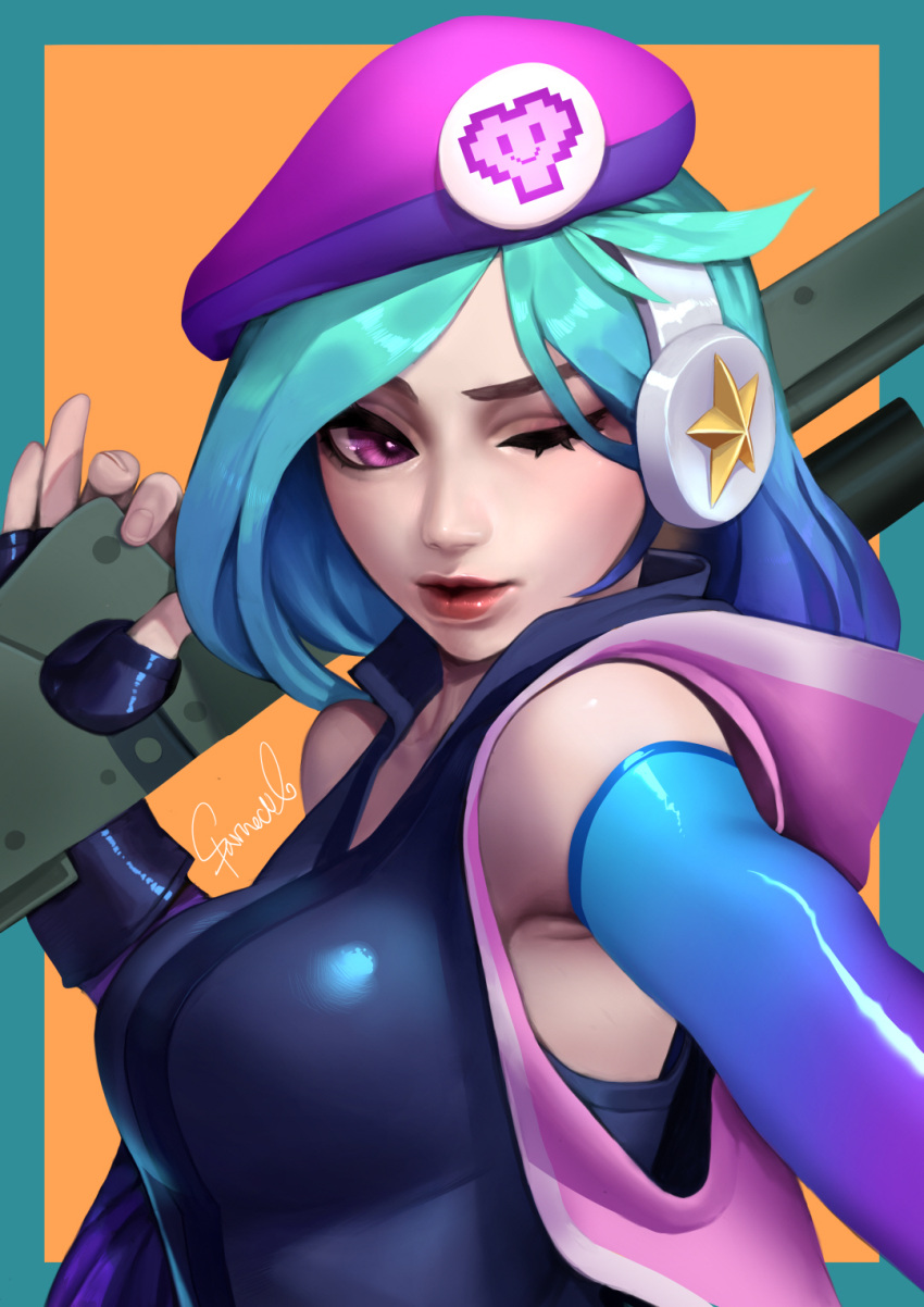 arcade_caitlyn bad_id bad_pixiv_id bare_shoulders beret blue_border blue_gloves blue_hair border breasts caitlyn_(league_of_legends) commentary copyright_request elbow_gloves english_commentary female fingernails gloves gradient_gloves gun hand_up hat headphones highres holding holding_gun holding_weapon large_breasts league_of_legends one_eye_closed paid_reward_available purple_eyes purple_gloves purple_hat red_lips signature solo sparrowl upper_body weapon