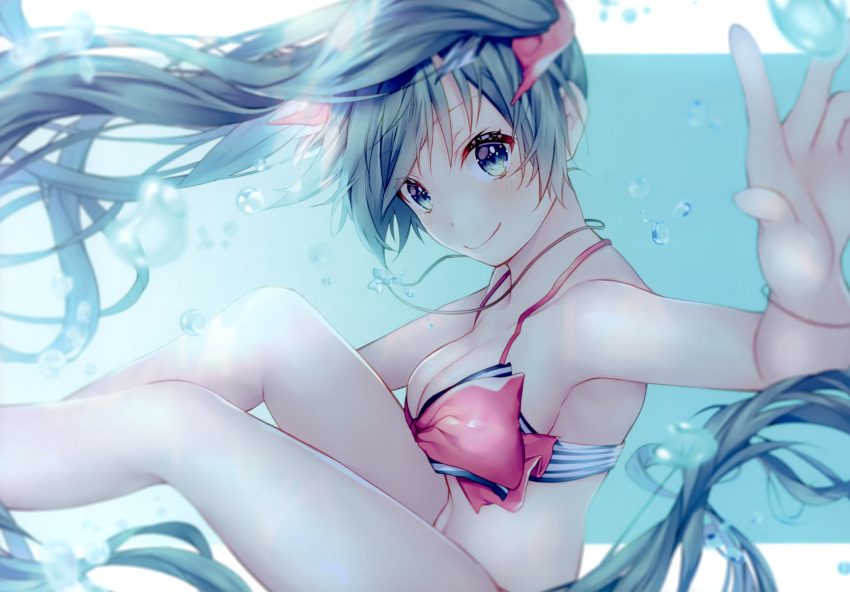 air_bubble bikini bikini_top_only blue_background blue_eyes blue_hair bow bracelet breasts bubble cleavage closed_mouth collarbone female floating_hair from_side hair_between_eyes hair_ornament hairbow hatsune_miku highres jewelry long_hair medium_breasts necklace red_bow scan shiomizu_(swat) smile solo striped_bikini striped_clothes swept_bangs swimsuit underwater very_long_hair vocaloid