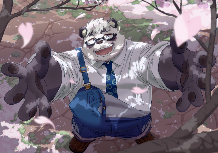 2023 anthro bear black_body black_nose cherry_blossom clothing detailed_background eyewear flower giant_panda glasses hi_res humanoid_hands kemoniku120 kemono male mammal necktie outside overalls overweight overweight_male plant prunus_(flower) sasayama_akira shirt solo topwear tree vtuber white_body