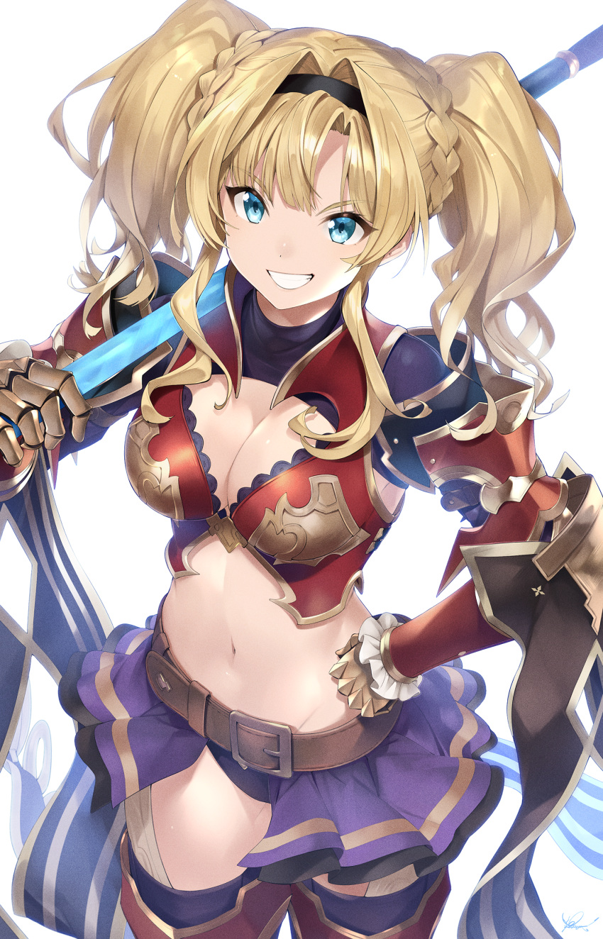 armor armored_dress belt bikini_armor black_hairband blonde_hair blue_eyes breasts brown_belt cleavage commentary female gauntlets granblue_fantasy grin hairband hand_on_own_hip highres holding holding_staff medium_breasts midriff navel nezumidoshi purple_skirt short_hair showgirl_skirt simple_background skirt smile solo staff teeth thighhighs twintails white_background zeta_(granblue_fantasy)