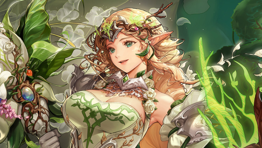 aqua_eyes blonde_hair branch breasts cleavage detached_sleeves dress dungeon_and_fighter elven_knight_(dungeon_and_fighter) female flower gloves green_dress hair_behind_ear headdress highres holding holding_weapon keto_cactus knight_(dungeon_and_fighter) long_hair looking_ahead medium_breasts open_mouth pink_flower pointy_ears rose smile solo weapon white_flower white_gloves white_rose