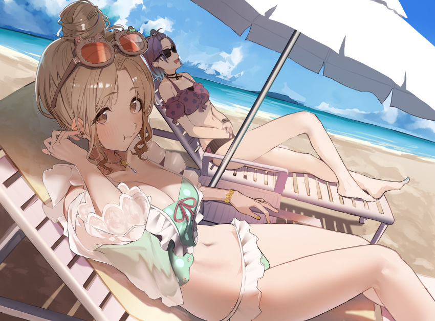 2girls absurdres asakura_toru bare_legs barefoot beach beach_chair beach_umbrella bikini blush breasts cloud drooling eyewear_on_head frilled_bikini frills hair_bun highres horizon ichikawa_hinana idolmaster idolmaster_shiny_colors looking_at_viewer mouth_drool multiple_girls outdoors sand single_hair_bun sunglasses swimsuit tinted_eyewear umbrella uouokuma wavy_hair