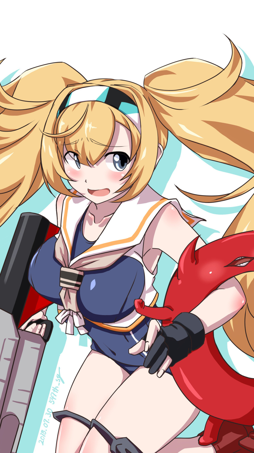 547th_sy absurdres abyssal_ship black_gloves blonde_hair blue_eyes breast_cutout breasts commentary_request cosplay cowboy_shot crop_top dated enemy_lifebuoy_(kancolle) female framed_breasts gambier_bay_(kancolle) gloves gun hairband highres i-13_(kancolle) i-13_(kancolle)_(cosplay) kantai_collection large_breasts looking_at_viewer one-piece_swimsuit partially_fingerless_gloves school_swimsuit single_glove solo swimsuit twintails twitter_username weapon