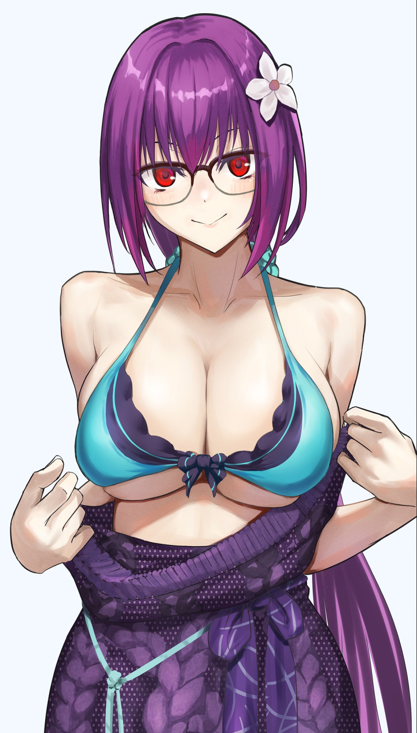 bad_id bad_pixiv_id bare_shoulders bikini breasts cleavage collarbone dress fate/grand_order fate_(series) female flower glasses green_bikini hair_between_eyes hair_flower hair_ornament hair_scrunchie highres kugiseiichi large_breasts long_hair looking_at_viewer off_shoulder ponytail purple_dress purple_hair red_eyes scathach_(fate) scathach_skadi_(fate) scathach_skadi_(swimsuit_ruler)_(fate) scathach_skadi_(swimsuit_ruler)_(final_ascension)_(fate) scathach_skadi_(swimsuit_ruler)_(second_ascension)_(fate) scrunchie smile solo sweater sweater_dress swimsuit