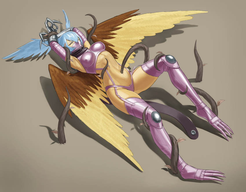 absurdres armpits arms_up bikini black_scarf blue_hair bound bound_wrists breasts claws closed_eyes commentary_request commission covered_nipples digimon digimon_(creature) feathered_wings female full_body garter_straps gauntlets gloves hair_between_eyes hair_wings highres kazukida leaf long_hair mask medium_breasts mouth_mask navel navel_insertion pixiv_commission plant purple_bikini purple_footwear purple_gloves restrained ryona scarf shadow shoulder_pads shutumon sidelocks simple_background skindentation solo stomach sweat swimsuit thigh_gap vine_bondage vines wings