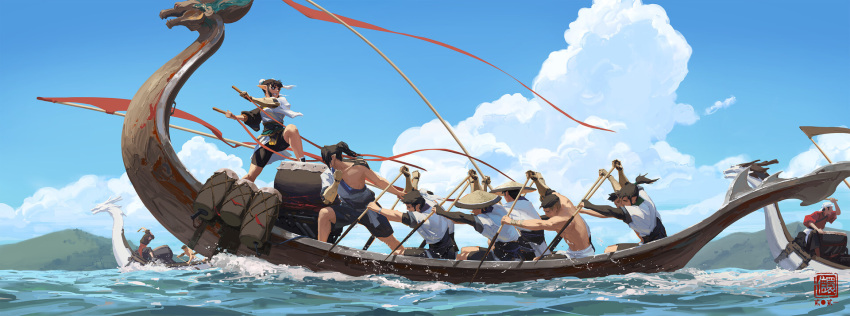 6+boys asymmetrical_clothes asymmetrical_sleeves black_hair black_shorts blue_sky boat bun_cover cloud commentary day dragon_boat drumsticks english_commentary faceless faceless_male female flag floating_hair hadanugi_dousa hair_bun hand_up hat highres holding holding_drumsticks kan_liu_(666k) long_hair long_sleeves looking_to_the_side mismatched_sleeves mountainous_horizon multiple_boys original outdoors outstretched_arm outstretched_arms pointy_ears ponytail prosthesis prosthetic_arm racing rice_hat river rowboat rowing sash scenery short_hair shorts sidelocks single_bare_shoulder single_hair_bun sky squatting standing straw_hat topless_male water watercraft wide_sleeves wind