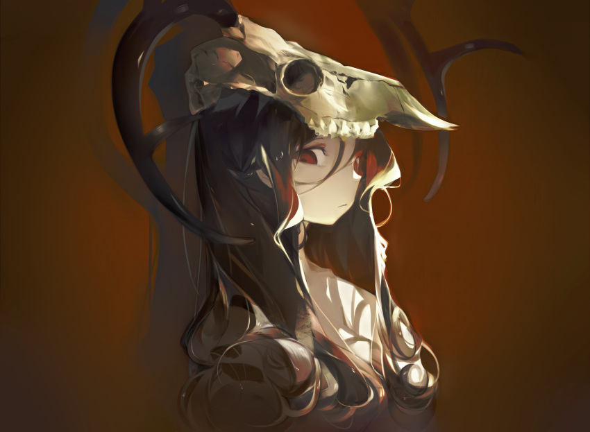 :/ absurdres black_hair commentary_request female hair_ornament highres long_hair original red_eyes skull yuishironeko