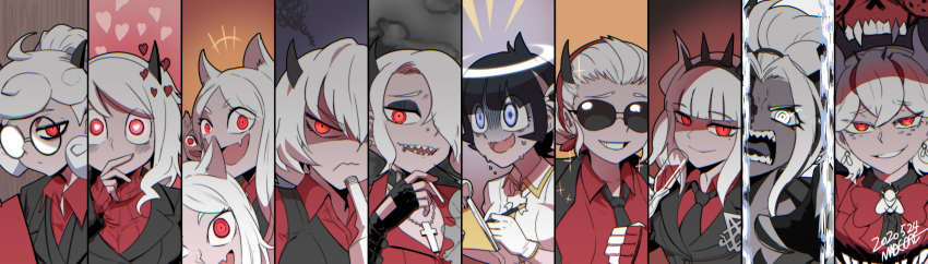 6+girls angel animal_ears artist_name azazel_(helltaker) beelzebub_(helltaker) black_hair black_horns black_necktie blue_eyes blush bottle breasts business_suit cerberus_(helltaker) cigarette closed_mouth column_lineup cross cross_necklace dark-skinned_female dark_skin dated demon_girl demon_horns dog_ears dog_girl earrings fingerless_gloves formal freckles glasses gloves glowing glowing_eyes grin halo heart heart-shaped_pupils helltaker highres horns jewelry judgement_(helltaker) justice_(helltaker) long_hair lucifer_(helltaker) madcore malina_(helltaker) modeus_(helltaker) mole mole_under_eye multiple_girls necklace necktie oerba_yun_fang opaque_glasses open_mouth pandemonica_(helltaker) red_eyes red_shirt ringed_eyes shaded_face sharp_teeth shirt short_hair signature skin_fang slit_pupils smile smoking sparkle split_crop suit sunglasses sweat symbol-shaped_pupils teeth upper_body waistcoat white_eyes white_hair white_horns zdrada_(helltaker)