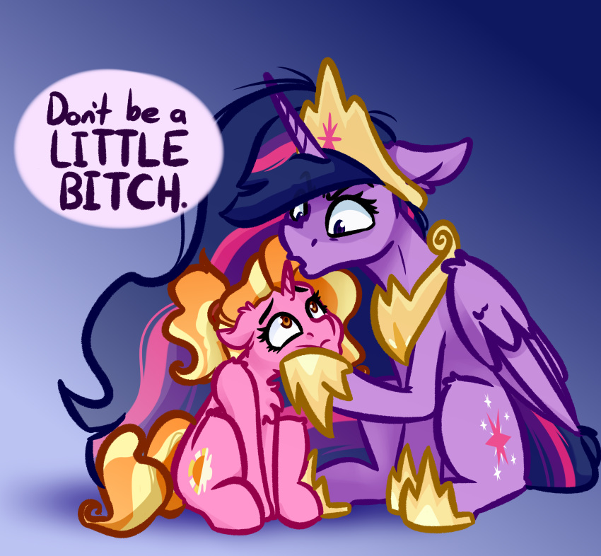 2020 absurd_res alicorn blonde_hair crown dialogue duo english_text equid equine female friendship_is_magic hair hasbro headgear hi_res horn jewelry luster_dawn_(mlp) mammal my_little_pony mythological_creature mythological_equine mythology necklace orange_hair profanity purple_hair queen_twilight_(mlp) text text_emphasis tiara twilight_sparkle_(mlp) unicorn unsympathetic wings witchtaunter