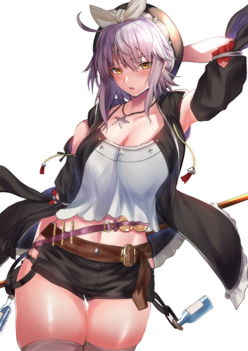 absurdres arm_behind_head atelier_(series) atelier_ryza atelier_ryza_1 belt beret black_shorts black_vest blush breasts camisole cleavage collarbone cosplay detached_sleeves fate/grand_order fate_(series) female grey_hair hat highres jeanne_d'arc_alter_(avenger)_(fate) jeanne_d'arc_alter_(fate) jewelry large_breasts looking_at_viewer navel necklace open_clothes open_mouth open_vest reisalin_stout reisalin_stout_(cosplay) reon_(dainagon_azuki) ribbon short_hair short_shorts shorts sidelocks simple_background solo star_(symbol) star_necklace thighs vest white_background white_camisole white_ribbon yellow_eyes