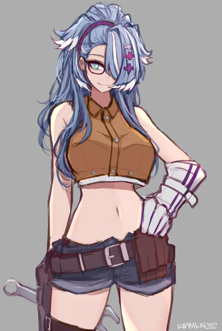 belt blue_eyes blue_hair blue_shorts breasts brown_belt brown_shirt collared_shirt cosplay crop_top cropped_shirt devil_may_cry_(series) devil_may_cry_5 elira_pendora female glasses gloves grey_background hair_behind_ear hair_over_one_eye hand_on_own_hip highres holding holding_wrench large_breasts m_r_b midriff navel nico_(devil_may_cry) nico_(devil_may_cry)_(cosplay) nijisanji nijisanji_en ponytail shirt shorts single_glove sleeveless sleeveless_shirt smile solo virtual_youtuber wide_hips wrench