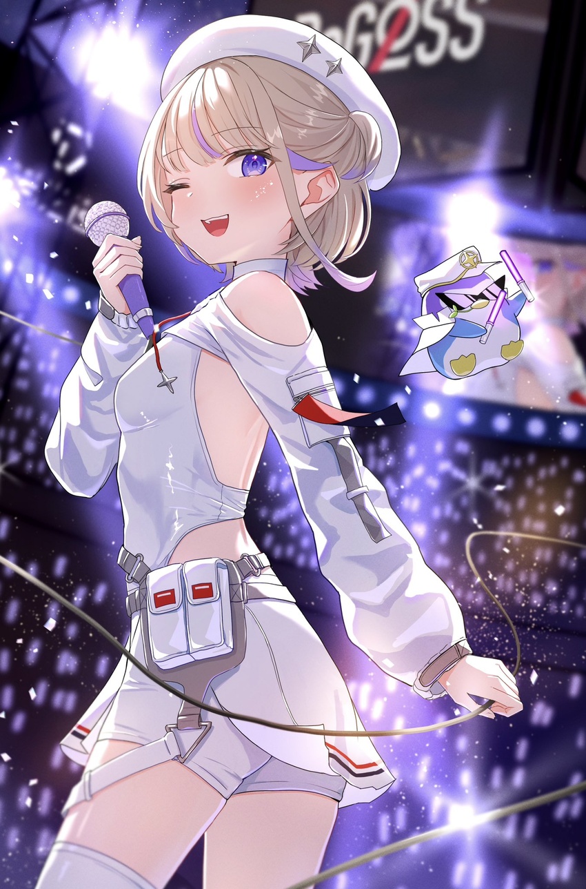 blonde_hair breasts female highres hololive hololive_dev_is looking_at_viewer mei_am0 multicolored_hair official_alternate_costume one_eye_closed purple_eyes purple_hair shirt short_hair small_breasts smile solo streaked_hair todoroki_hajime two-tone_hair virtual_youtuber white_shirt