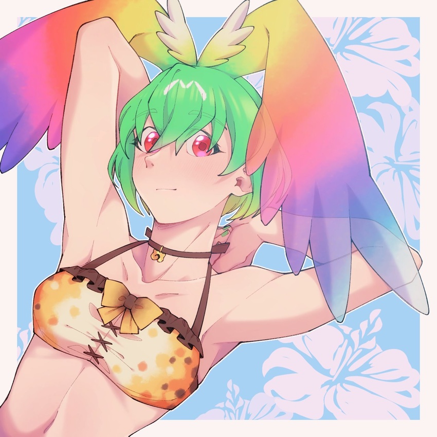 bare_shoulders blue_background cellval choker female flower green_hair hauru_252 head_wings highres kemono_friends kemono_friends_3 looking_at_viewer multicolored_hair navel red_eyes ribbon short_hair simple_background solo swimsuit upper_body wings