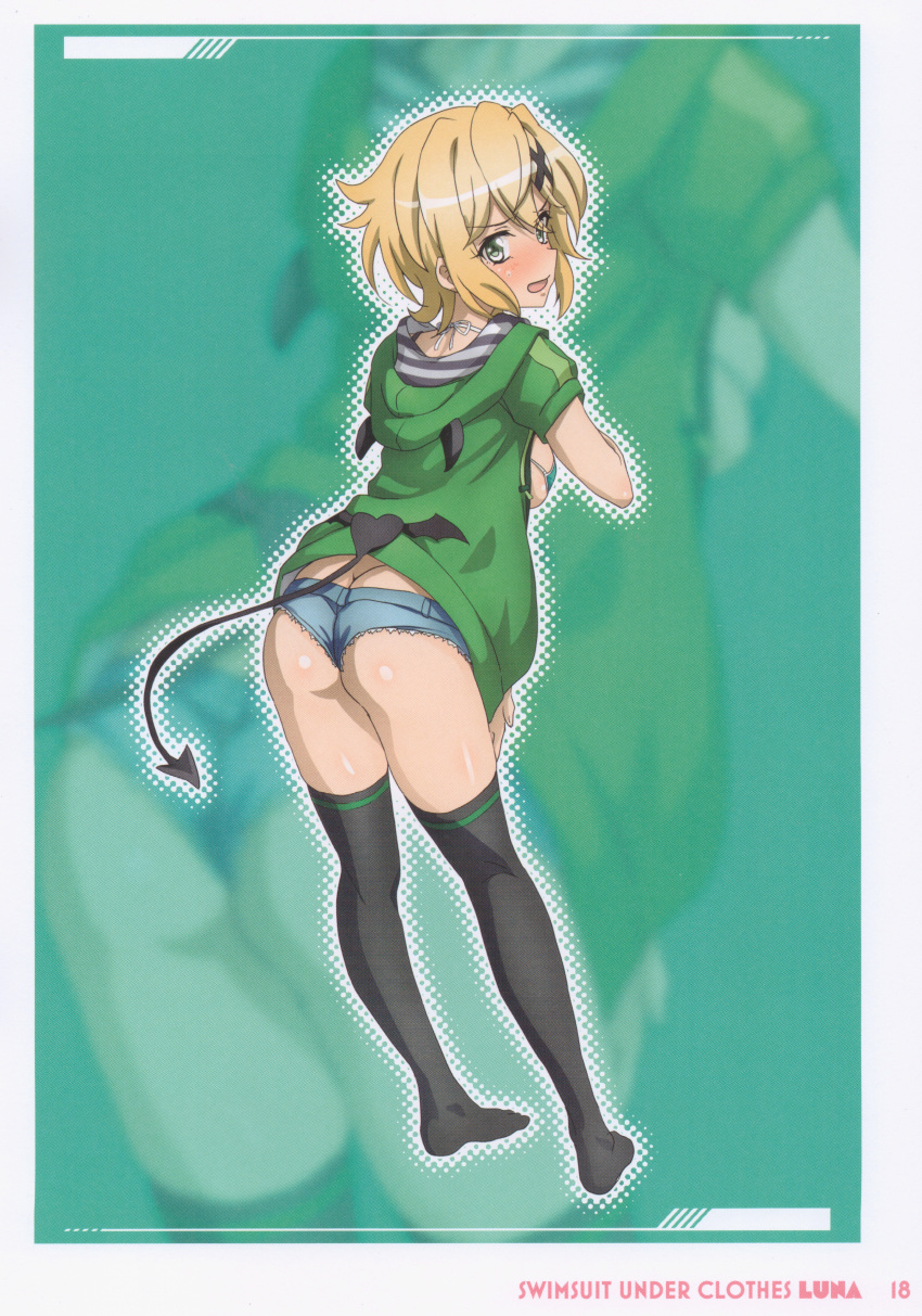 absurdres akatsuki_kirika bikini black_tail blonde_hair blush comiket_102 demon_tail denim denim_shorts english_text eyelashes female fujikawa_daichi green_bikini green_eyes green_jacket hair_ornament hairclip highres jacket looking_at_viewer senki_zesshou_symphogear short_hair shorts solo standing swimsuit tail thighhighs thighs