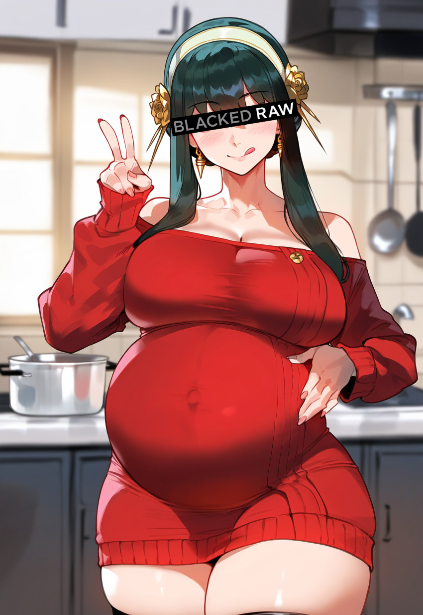 1girls ai_generated big_belly big_breasts blacked blush censor_bar censored_eyes clothed covered_eyes female female_only floox holding_belly kitchen licking_lips milf peace_sign pink_nails pregnant pregnant_belly smiling solo spy_x_family thiccwithaq_(ai_style) thick_thighs tight_clothing v yor_briar yor_forger