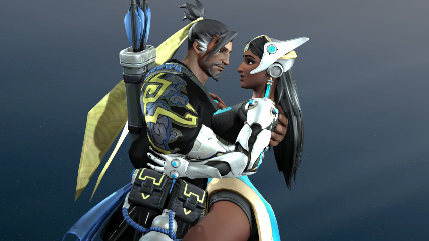 1boy 1girls 2016 3d 3d_(artwork) 3d_model asian blizzard_entertainment clothed darknessringo female female/male hanzo hanzo_shimada hetero heterosexual in_love indian japanese long_hair loving_couple loving_embrace loving_gaze loving_look male/female overwatch overwatch_2 romantic romantic_ambiance romantic_couple satya_vaswani straight symmetra tan-skinned_female tan_skin