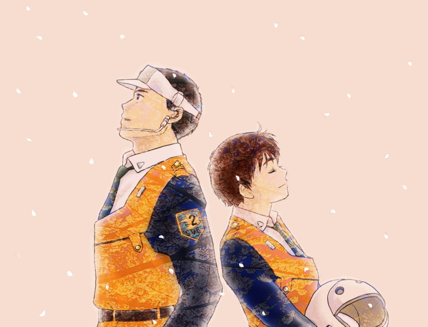 1boy ayaka_(lavie) back-to-back black_hair branch brown_hair cherry_blossoms commentary_request female hat helmet holding izumi_noa kidou_keisatsu_patlabor necktie profile shinohara_asuma short_hair simple_background smile spring_(season) uniform