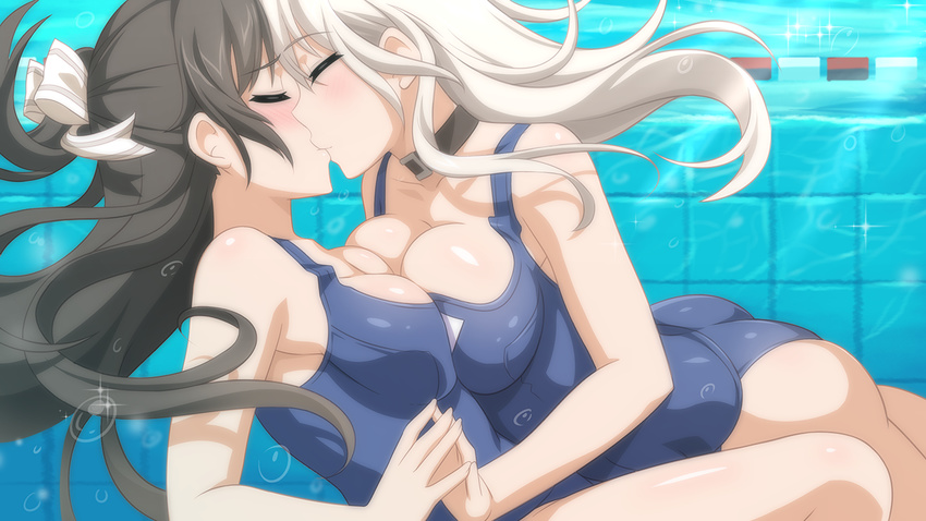 2girls air_bubble ass asymmetrical_docking black_collar black_hair blue_one-piece_swimsuit blush breast_press breasts bubble caustics cleavage closed_eyes collar collarbone diffraction_spikes facing_another floating_hair from_side furrowed_brow game_cg hair_ribbon half_updo hiromi_(sakura_swim_club) holding_hands kissing lane_line large_breasts long_hair medium_breasts mieko_(sakura_swim_club) multiple_girls name_tag old_school_swimsuit one-piece_swimsuit pool profile reflection reflective_water ribbon sakura_swim_club school_swimsuit steepled_fingers swimsuit tile_wall tiles underwater very_long_hair wanaca white_hair white_ribbon yuri