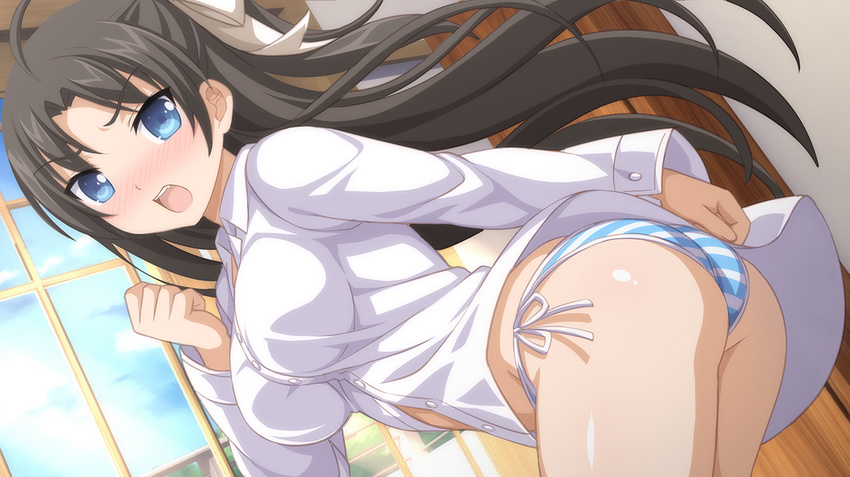 ahoge ass bent_over bikini black_hair blue_bikini blue_eyes blush breasts clenched_hand dutch_angle female game_cg hair_ribbon large_breasts long_hair looking_at_viewer mieko_(sakura_swim_club) open_mouth ribbon sakura_swim_club shirt side-tie_bikini_bottom solo striped_bikini striped_clothes swimsuit wanaca white_shirt window