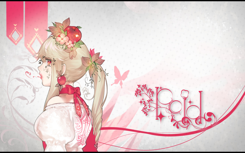 apple bad_id bad_pixiv_id bare_shoulders blonde_hair choker dress female flower food from_side fruit hair_flower hair_fruit hair_ornament herme_(ohisashiburi) highres juliet_sleeves long_hair long_sleeves neck_ribbon ohisashiburi original ponytail profile puffy_sleeves red_choker red_eyes ribbon ribbon_choker solo white_dress