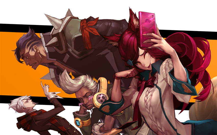 3boys academy_ahri academy_ekko ahri_(league_of_legends) alternate_costume alternate_hair_color alternate_hairstyle animal_ears bandaid black_hair blouse blush cellphone clenched_teeth closed_eyes commentary darius_(league_of_legends) dark-skinned_male dark_skin duto ekko_(league_of_legends) facial_mark female fox_ears fox_tail head_rest headphones height_difference league_of_legends long_hair looking_at_viewer multiple_boys oerba_yun_fang one_eye_closed parted_lips phone pointing pointing_up red_hair scarf selfie shirt shoulder_spikes slit_pupils smartphone spikes tail teeth vladimir_(league_of_legends) whisker_markings white_hair white_shirt yellow_eyes