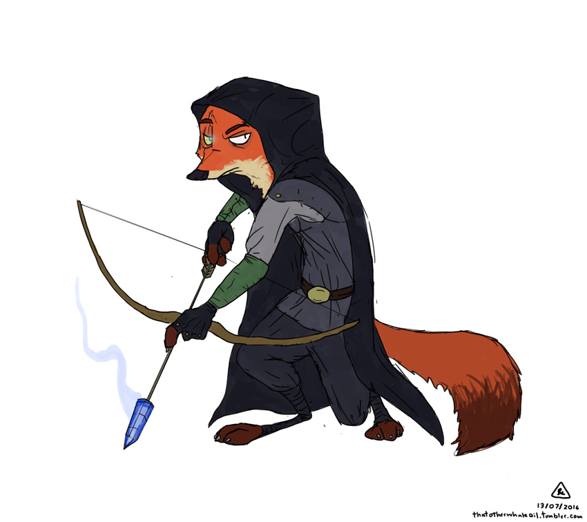 2016 absurd_res anthro arrow_(weapon) belt black_nose bow_(weapon) canid canine clothed clothing crossover disney english_text eyebrows fighting_pose fluffy fluffy_tail fox fully_clothed fur garrett_(thief_series) gloves handwear hi_res hood looking_at_viewer male mammal multicolored_body multicolored_fur nick_wilde orange_body orange_fur pose raised_eyebrow ranged_weapon red_fox scar signature simple_background solo square_enix standing tail text thatotherwhaleoil thief_(series) true_fox weapon white_background wraps zootopia