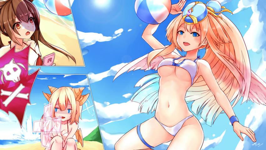 3girls armlet ball beach beachball bikini blonde_hair blue_eyes brown_hair commentary day dragon_horns dragon_wings headdress highres horns khepri_(p&d) khibiki multiple_girls myr_(p&d) outdoors photoshop_(medium) ponytail puzzle_&_dragons red_eyes swimsuit wings