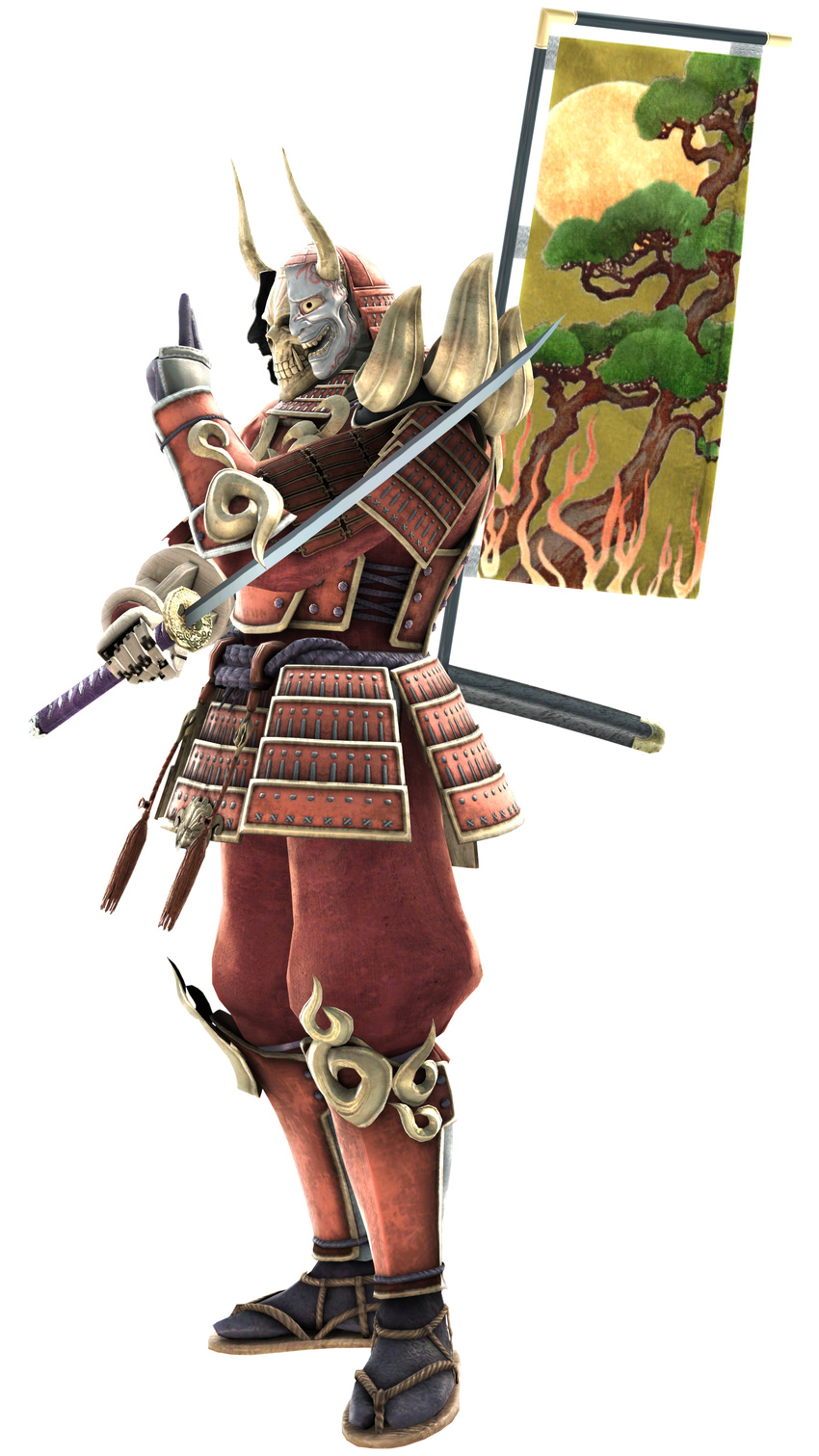 1boy absurdres armor bandai_namco banner greaves helmet highres katana male male_focus mask namco_bandai ninja official_art skull solo soul_calibur soulcalibur_v sword tabi weapon yoshimitsu