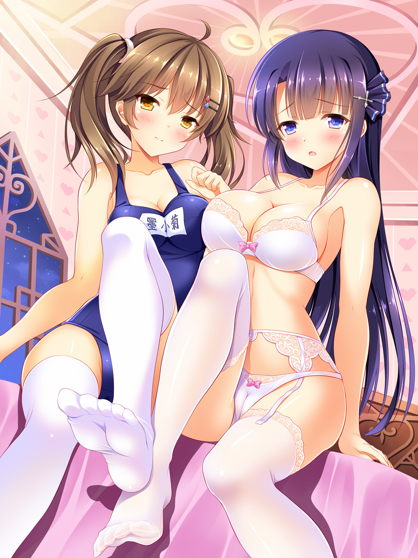 2girls ahoge arm_support arms_at_sides bashen_chenyue blue_eyes blunt_bangs blush bow bow_bra bow_panties bra breasts brown_hair cameltoe chinese_commentary cleavage collarbone commentary_request feet garter_belt hair_ornament hair_scrunchie hairclip highres indoors lace lace-trimmed_legwear lace_trim large_breasts leg_up lingerie long_hair looking_at_viewer mo_xiaoju multiple_girls name_tag no_shoes old_school_swimsuit one-piece_swimsuit open_mouth panties purple_hair sanse_hui_lian school_swimsuit scrunchie side-by-side sidelocks sitting soles swimsuit thighhighs thighs toes twintails underwear underwear_only wen_zhi white_thighhighs yellow_eyes