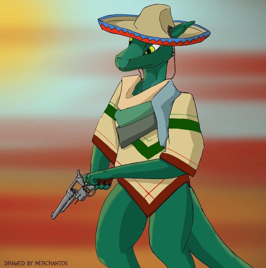 anthro clothing desert dungeons_and_dragons female gun handgun hasbro hat headgear headwear hi_res kobold mercrantos pistol ranged_weapon scalie scarf solo sombrero weapon wizards_of_the_coast yellow_eyes